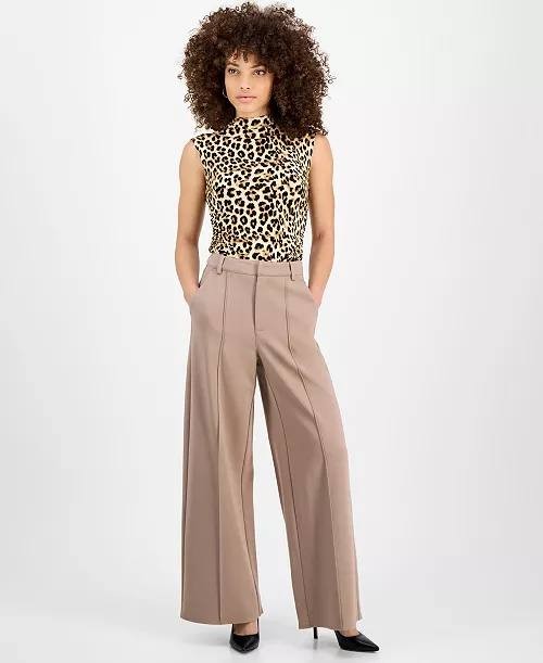 Bar III Petite Seamed Wide-Leg Ponté Pants Brown P/P NWT MSRP$59.50