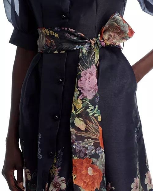 Nancy Yang Floral Print Dress Black Puff Sleeve Belted Size S NWT $195