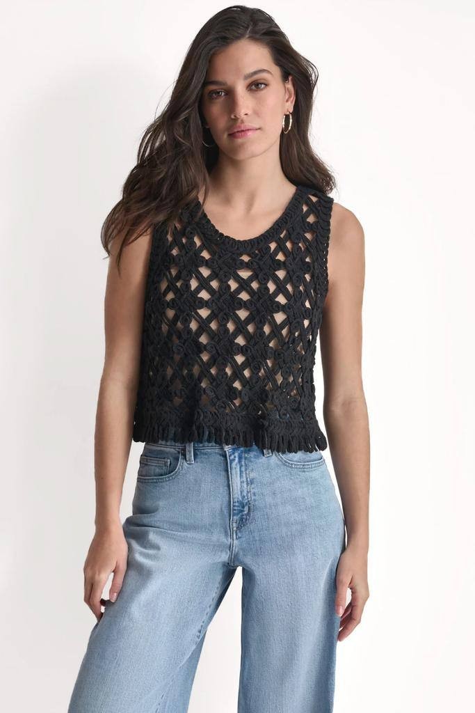 DKNY Jeans Cropped Fringe Crochet Tank – Black – Size L – NWT – $59