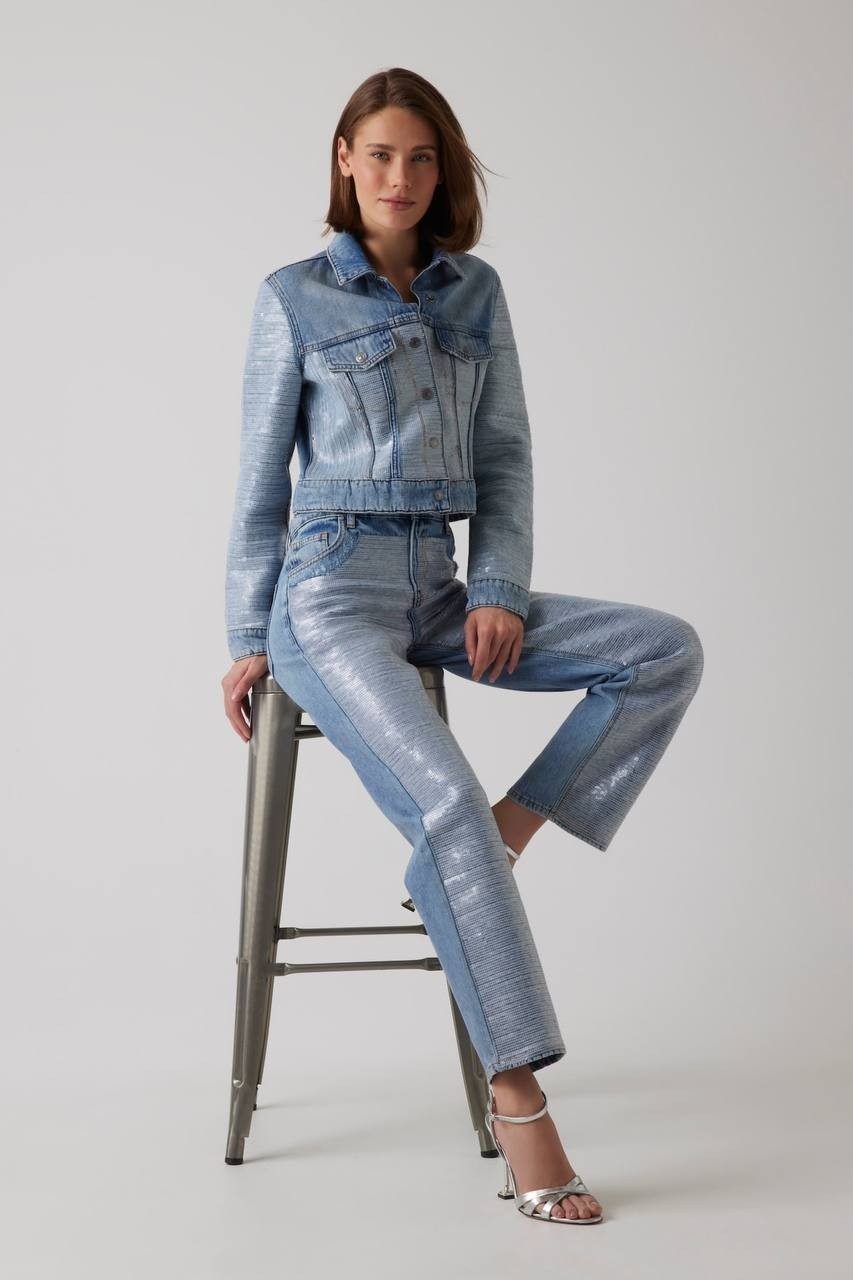 Guess Jill Sequin-Front Boyfriend Jeans Blue Glam 30x30 NWT $248