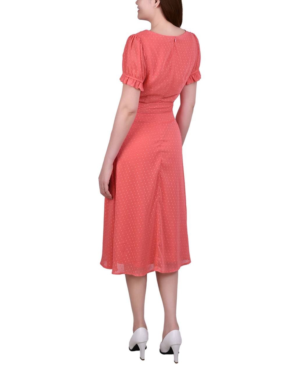 NY Collection Petite Swiss Dot Belted Dress Coral PL $40.99 NWT