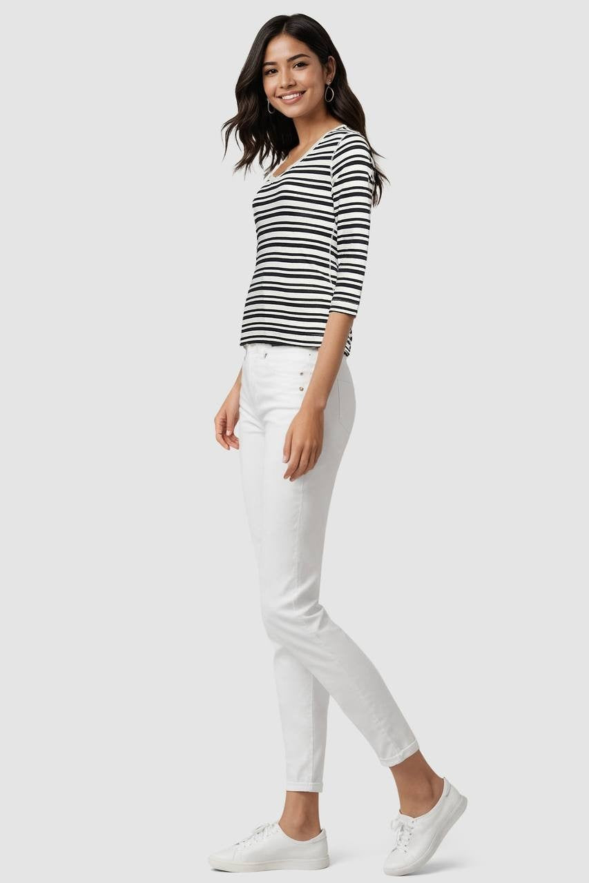 Three Dots Women’s 3/4 Sleeve V‑Neck Tee Black Beauty Stripes S $46 NWT