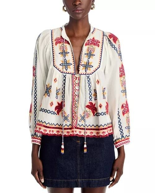 FARM Rio Mary's Tiles Embroidered Blouse Off-White M Cotton Short-Sleeve