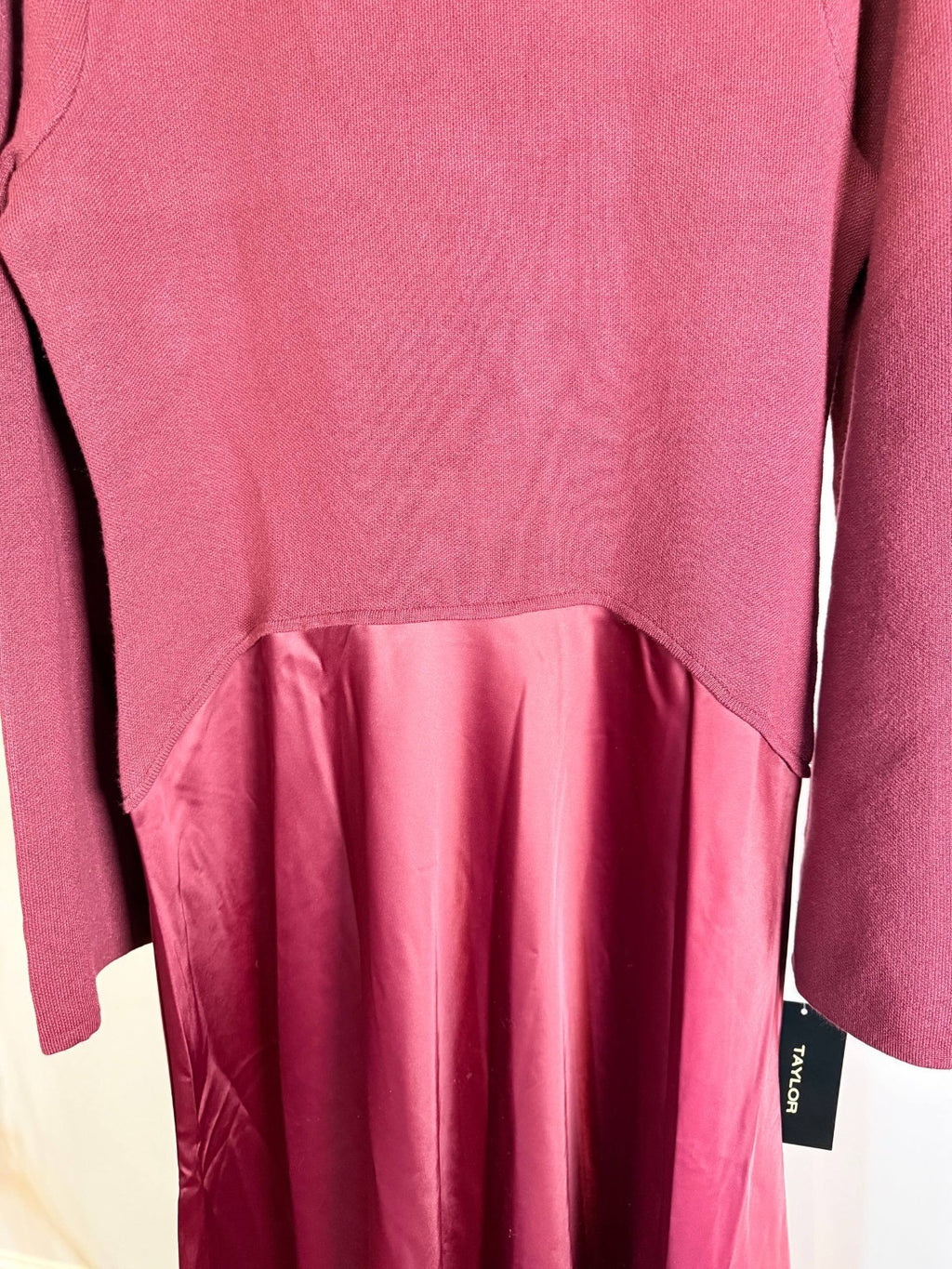 Taylor Satin Twofer A‑Line Sweater Dress Mahogany NWT Size M – Elegant Midi