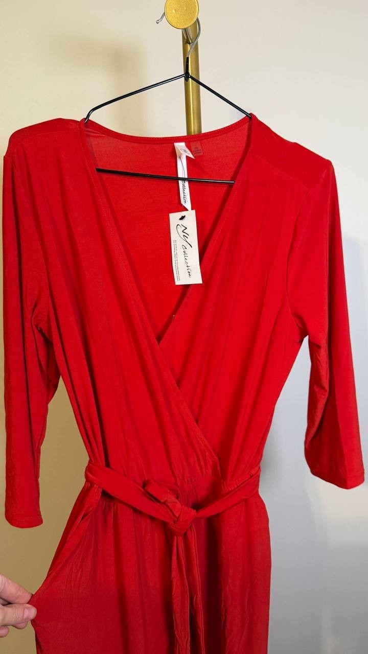 NY Collection Women’s 3/4 Sleeve Belted Jumpsuit Barbados Red PM $66 NWT