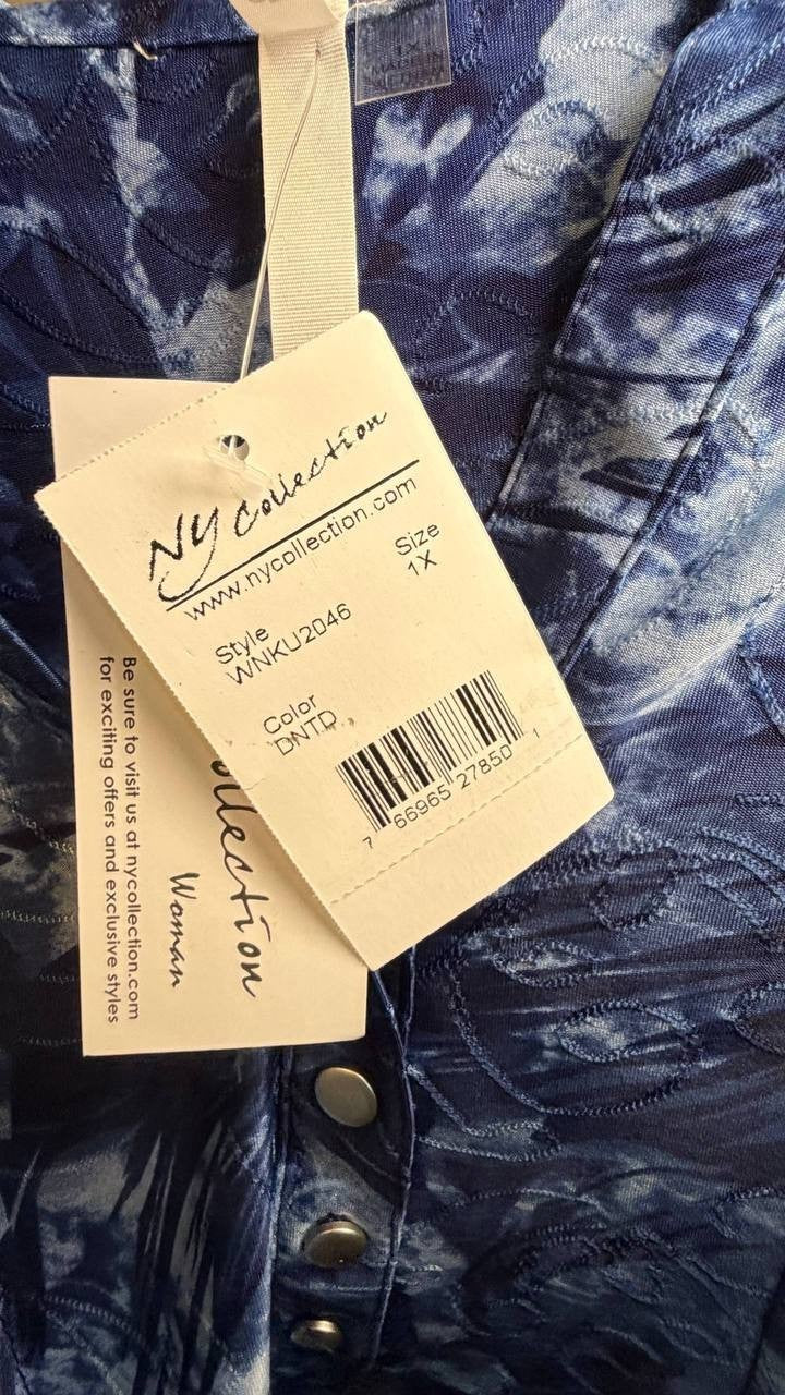 NY Collection Plus 3/4 Bell Sleeve Pleat Y‑Neck Top Blue Flower 1X NWT $35.99