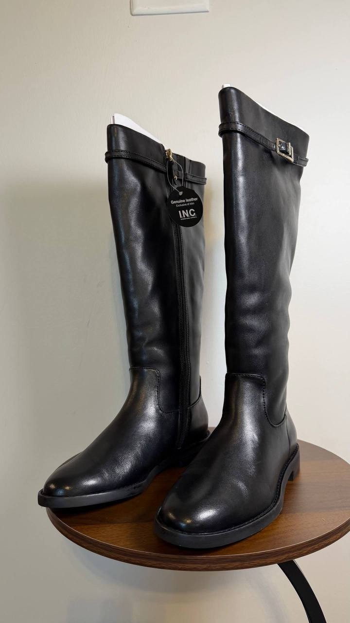 INC Britta Boots 6.5M Black Beauty Leather Knee Riding Flat Zip NIB msrp$189