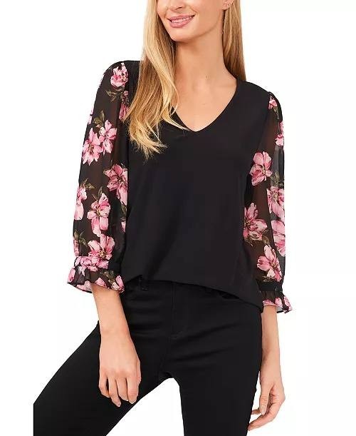 CeCe Blouse L V-Neck 3/4 Floral Sleeve Semi-Sheer Feminine Top NWT MSRP $69