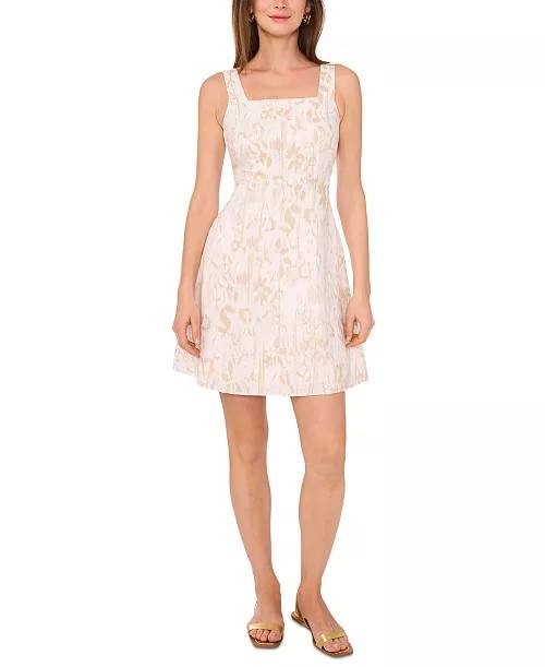 Vince Camuto Printed Linen‑Blend Square‑Neck Mini Dress Oyster Grey M NWT $169