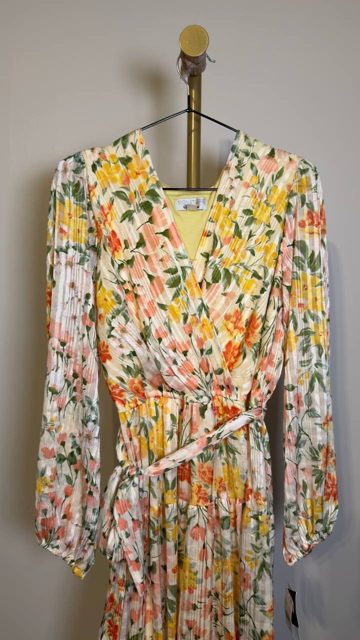 Signature by Robbie Bee Pleated Tiered Midi Dress Yellow Coral 8 NWT $79