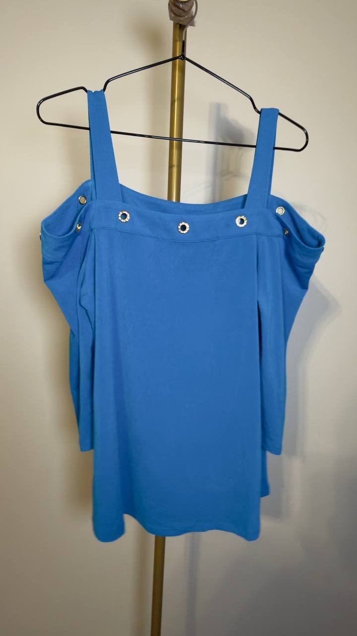 Belldini Women’s Grommet Trim Cold Shoulder Top Blue S NWT $49
