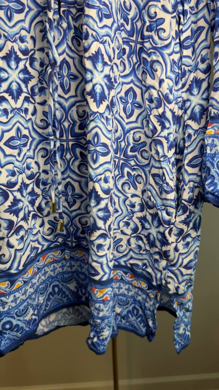 La Blanca Alboran Sea Lace-Up V-Neck Tunic Cover Up Blue Multi XL NWT $113