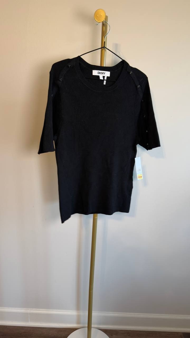 DKNY Plus Size Short-Sleeve Button-Detail Sweater Black 1X NWT $79