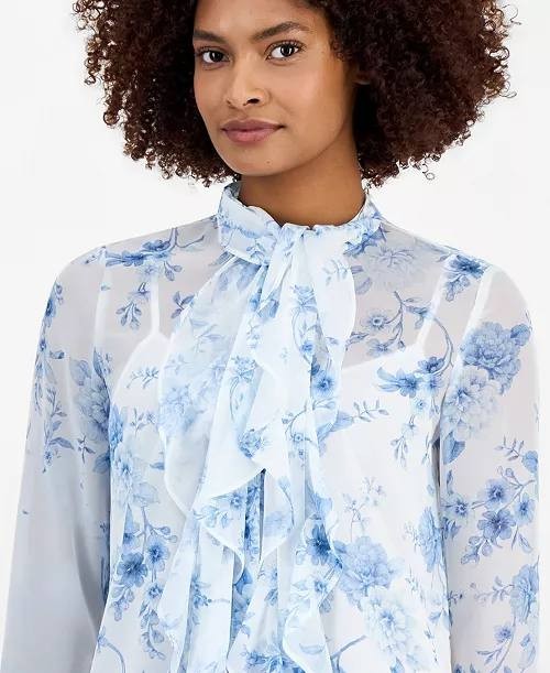 Anne Klein Floral Ruffle Tie‑Neck Blouse L White Multi NWT $99