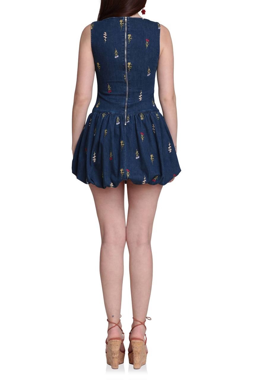 Avec Les Filles Embroidered Bubble Hem Denim Dress Monarch Botanical 8 NWT $138