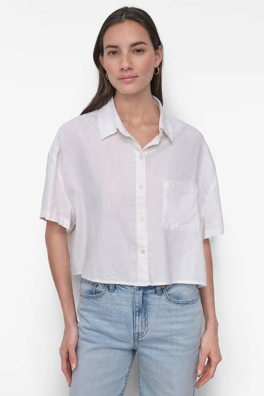 DKNY White Cropped Short-Sleeve Button-Up Shirt – Size L – NWT
