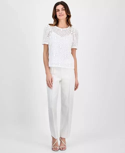Anne Klein Lace Puff-Sleeve Top White XL Regular New With Tags Blouse NWT