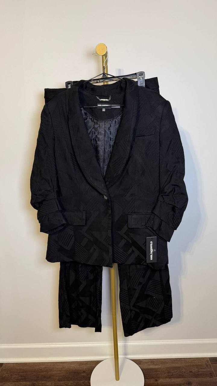 Karl Lagerfeld Paris Jacquard Blazer Pants Suit Black 12 NWT $380