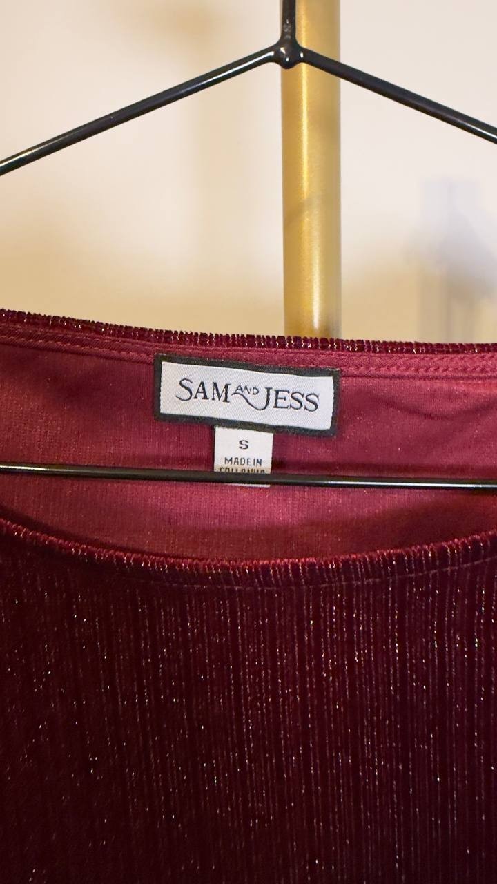 Sam & Jess Women’s Velvet Crewneck Bell 3/4‑Sleeve Blouse Maroon S NWT $59