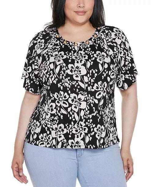 Belldini Grommet Detail Floral Raglan Knit Top Black Combo L NWT $49