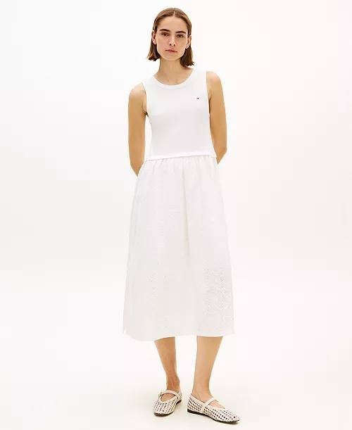 Tommy Hilfiger Mixed Media Broderie Sleeveless Dress White M NWT $99.50