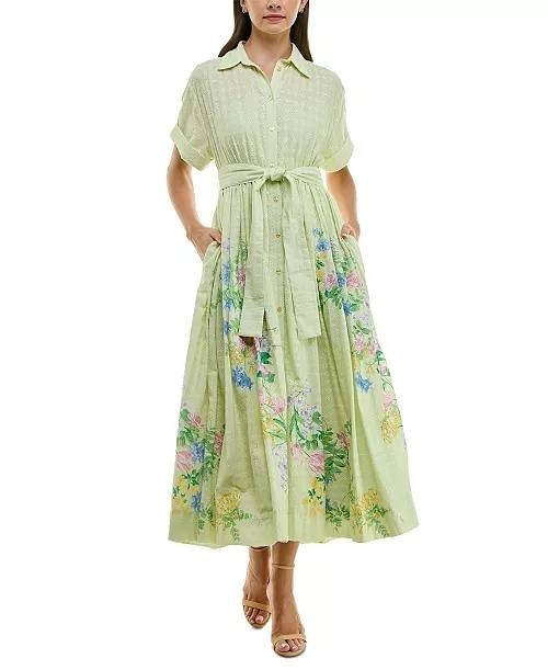 Taylor Eyelet‑Embroidered Belted Cotton Shirt Dress Pea Green 8 NWT $138