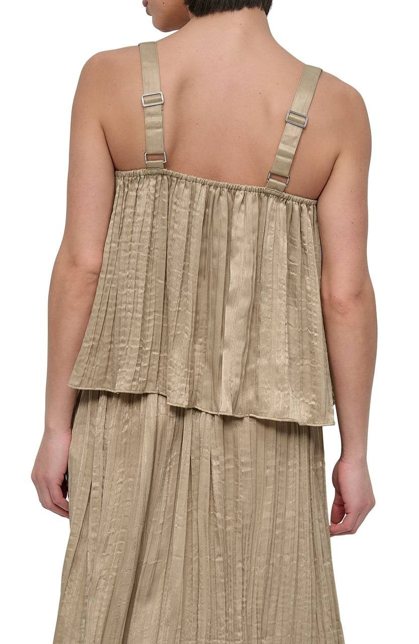 DKNY Crushed Pleats Sleeveless Scoop‑Neck Top Pale Moss M NWT $89