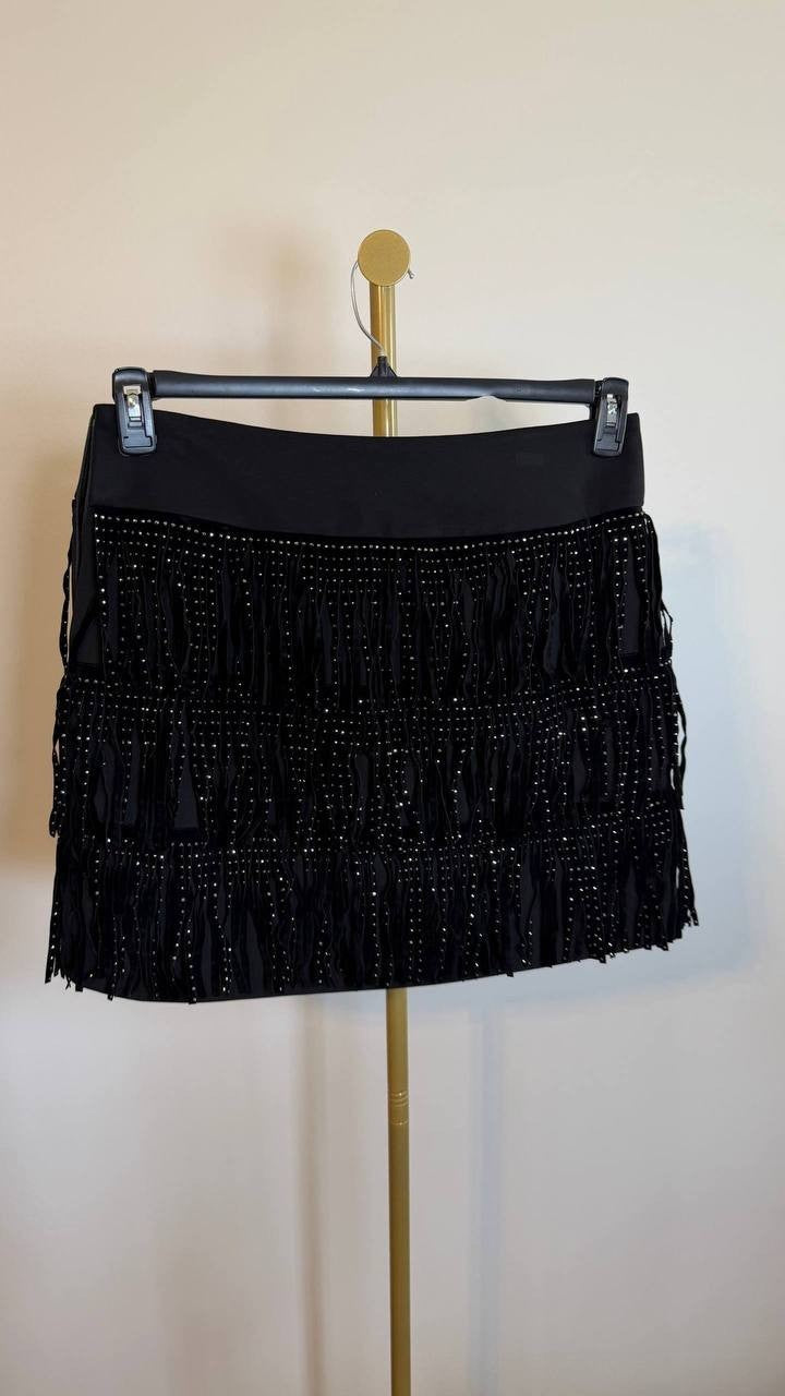 DKNY Black Stud Fringe Miniskirt Size 12 NWOT Broken Zipper Stylish Night Out