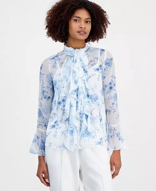 Anne Klein Floral Ruffle Tie‑Neck Blouse L White Multi NWT $99