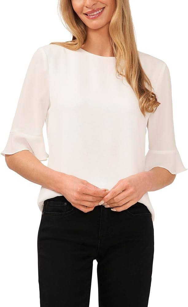 CeCe Ruffle Cuff Crew Neck Blouse–White–Size M–NWT– MSRP$49