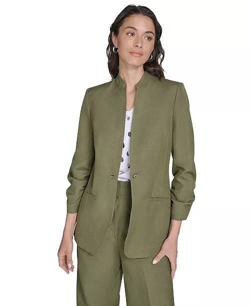 Calvin Klein Women’s Green Petite Linen-Blend 3/4-Sleeve One-Button Blazer Size