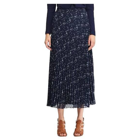 Chaps Women’s Blue Floral Pleated Elastic‑Waist Midi Skirt – Size L – NWT – $149