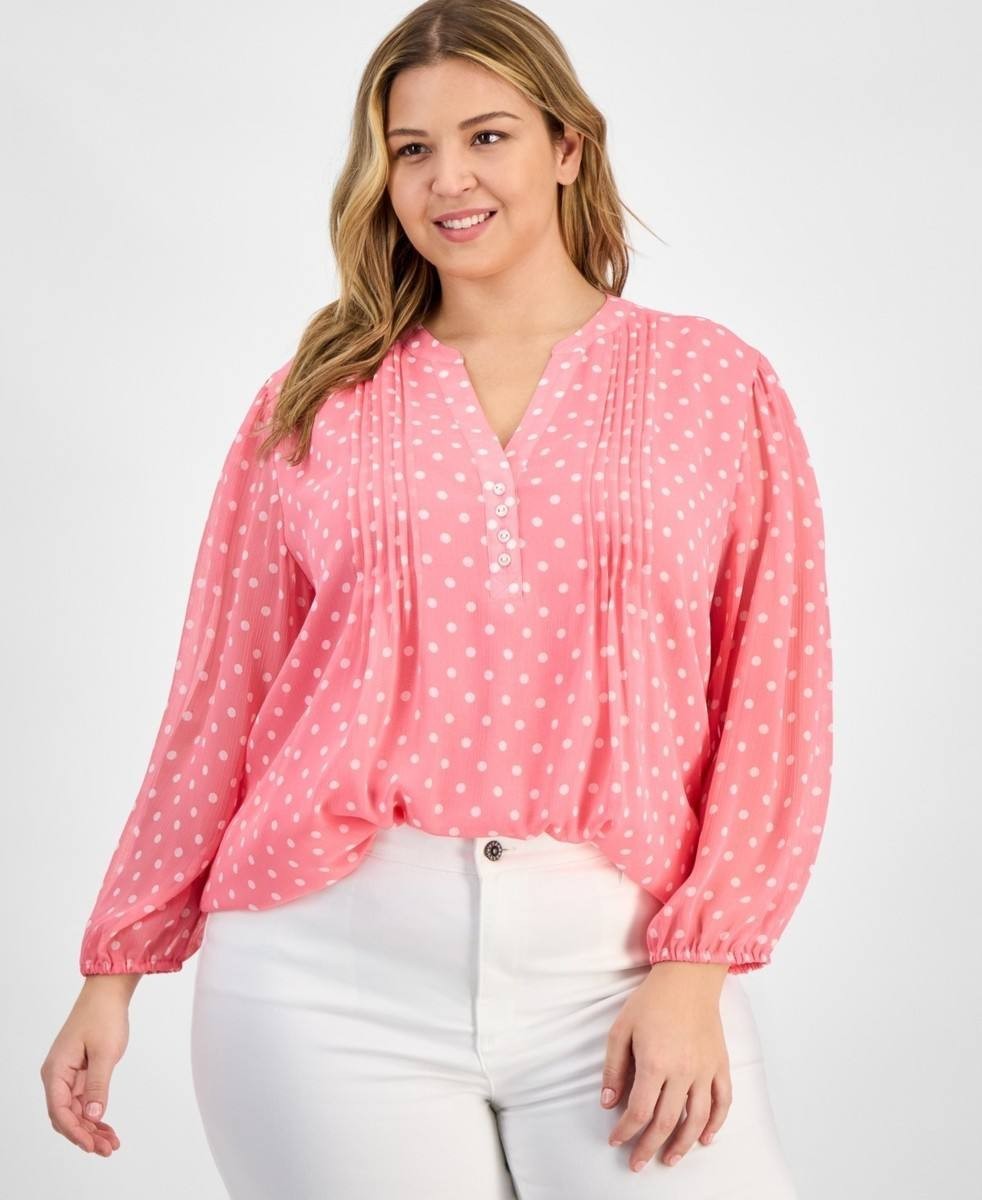 Tommy Hilfiger 3/4‑Sleeve Pintuck Split‑Neck Tunic Top Pink 1X NWT $69.50