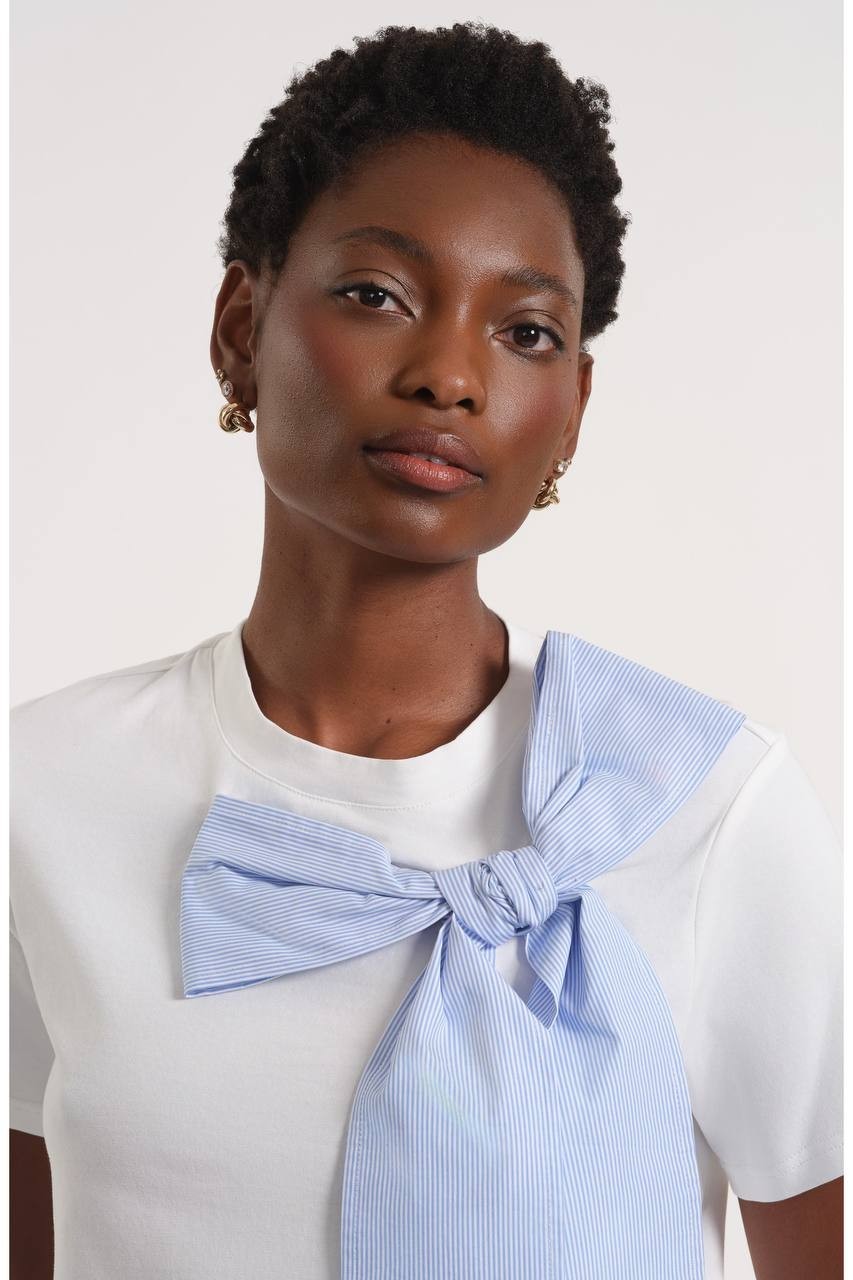 Isaac Mizrahi Striped Bow Stretch Cotton T‑Shirt White/Blue M NWT $84