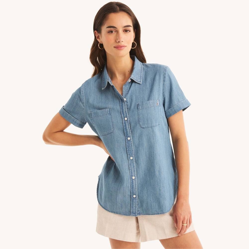 Nautica Shirt M Blue Chambray Camp Collar Short Sleeve Button Front Casual NWT