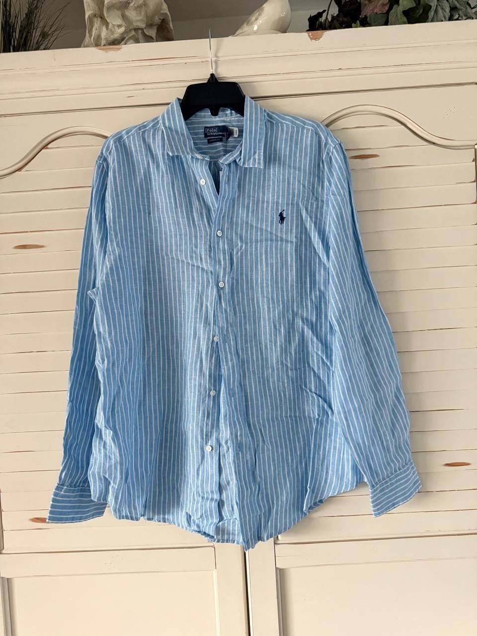 Polo Ralph Lauren Shirt XL Pastel Blue Striped Linen Button Front Pony Logo NWT