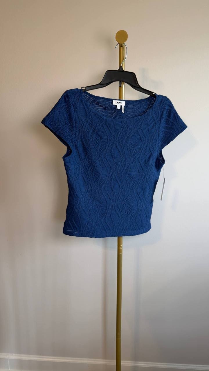 DKNY Texture Knit Boat‑Neck Top Cadet Blue S NWT $69