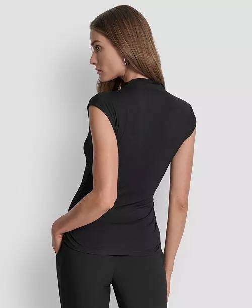 DKNY Mock‑Neck Sleeveless Side‑Ruched Top – PXL – Black – NWT – $49