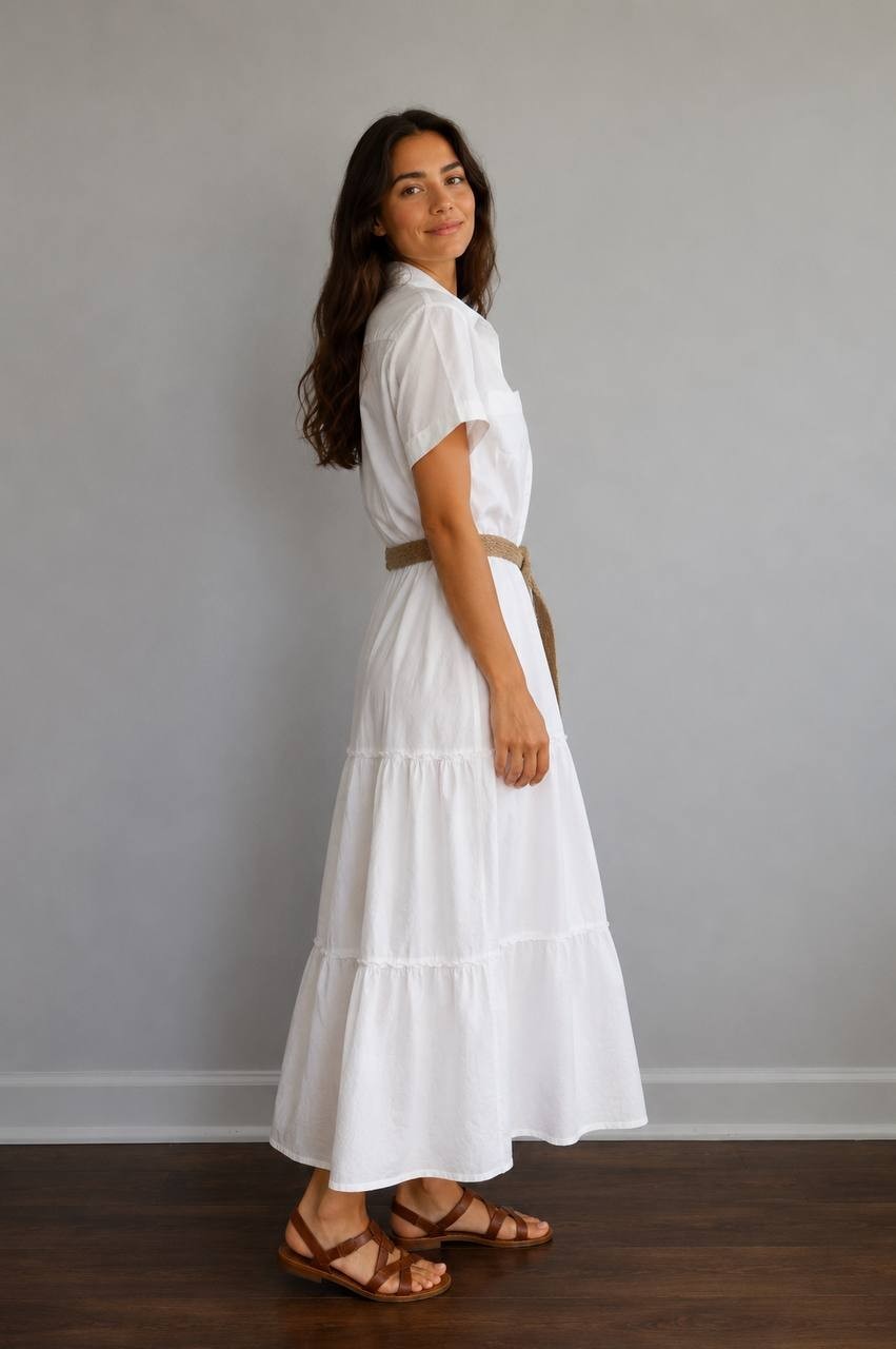 Her Destiny White Button-Front Tiered Dress Belted M NWT $118