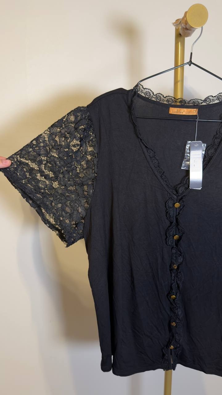 Belldini Plus Size Crochet Lace Sleeve V‑Neck Top Black 1X NWT $59