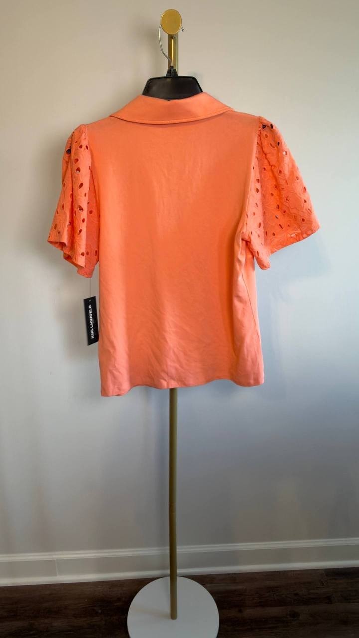Karl Lagerfeld Paris Eyelet‑Sleeve Collared Top Coral S NWT $89