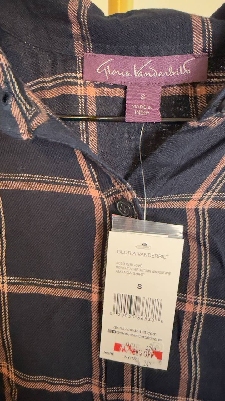 Gloria Vanderbilt Amanda Shirt Midnight Affair/Autumn Windowpane S NWT $48