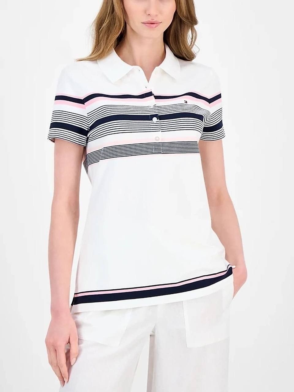 Tommy Hilfiger Women’s Woven Stripe Polo Shirt White XL NWT $64.50