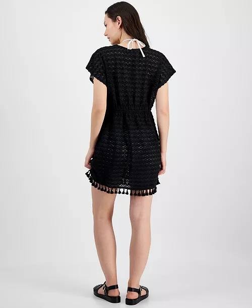 Miken Crochet Tassel Tie‑Front Kimono Cover‑Up Black S NWT $34