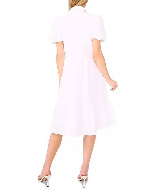 CeCe Dress S White Tiered Midi Bubble Sleeve Feminine Style NWT MSRP $99