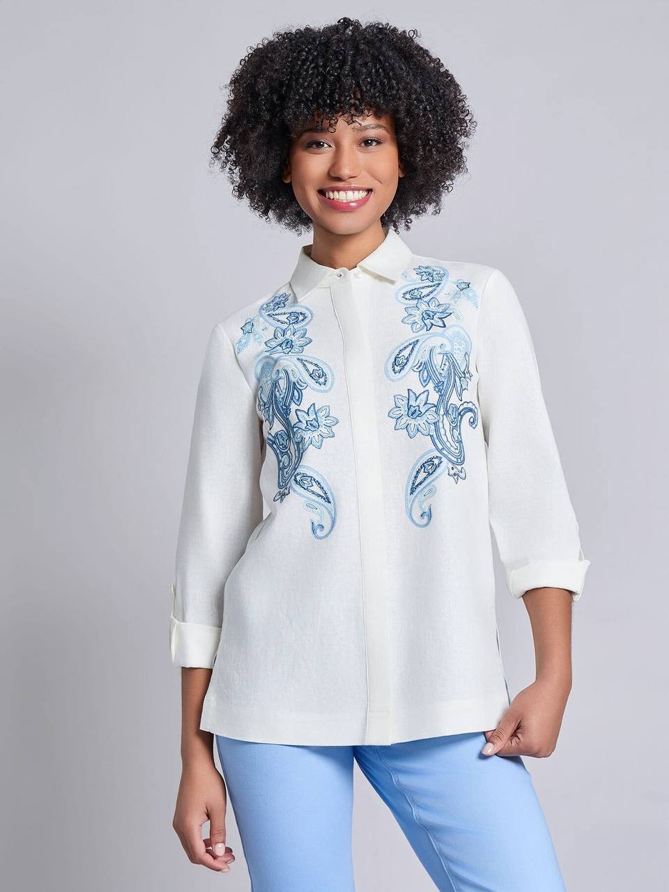 Jones NY Button-Front Embroidered Blouse Linen Blend Size M White  $89