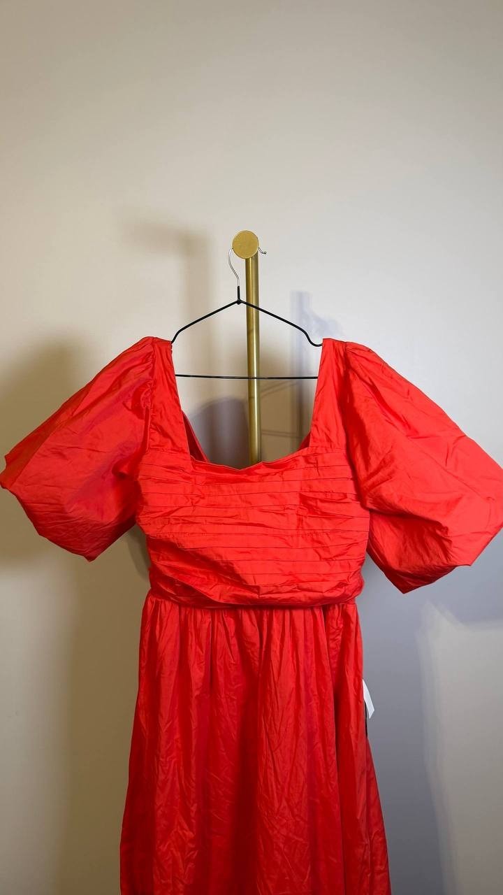 CeCe Women’s Square‑Neck Puff‑Sleeve Tie‑Back Maxi Dress Red L $109 NWT