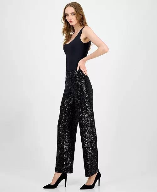 Anne Klein Women's Black Pull-on Sequin Wide-Leg Pants Size-XL