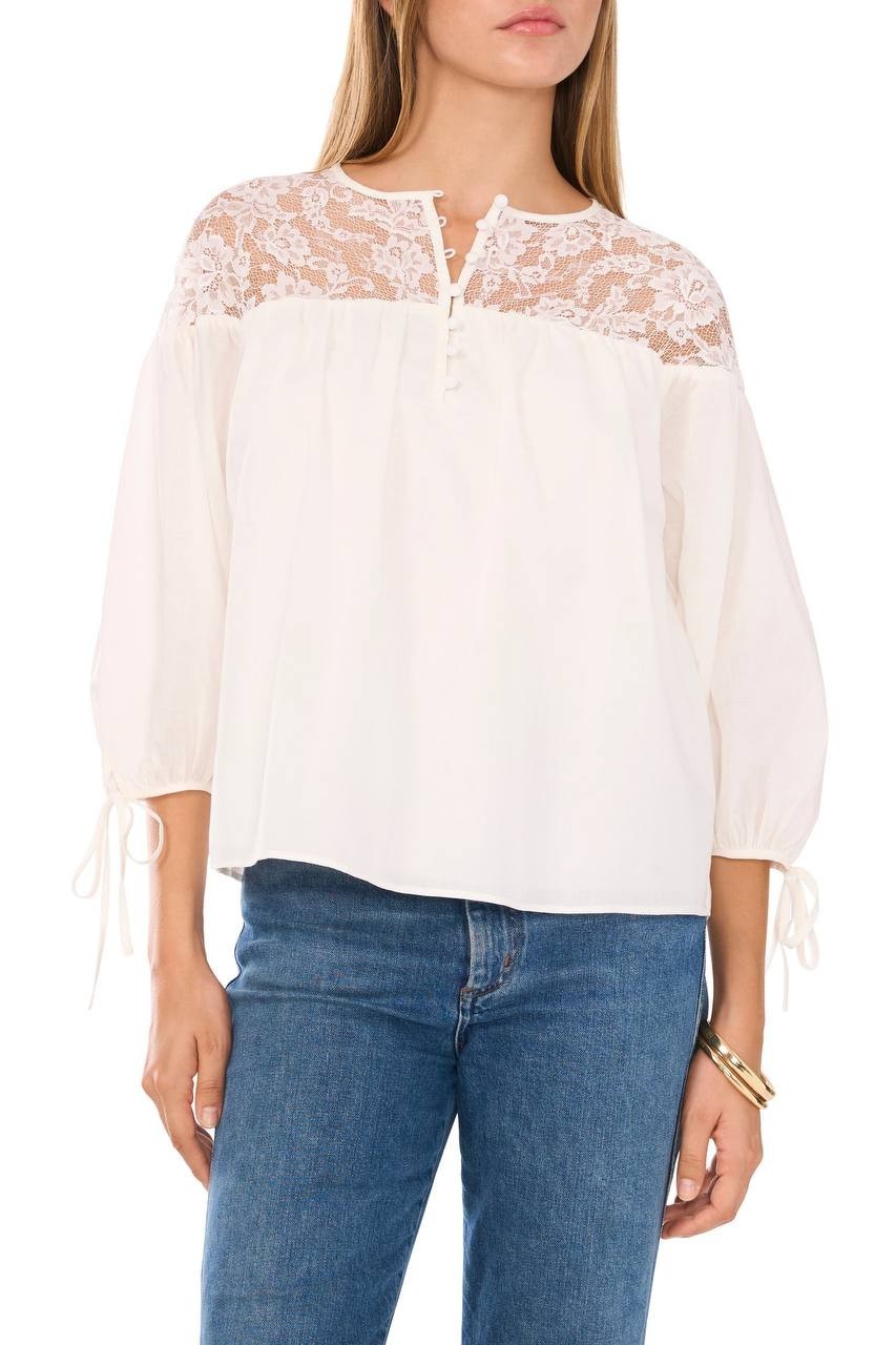 1.STATE Lace Yoke Jersey Top New Ivory S NWT $79