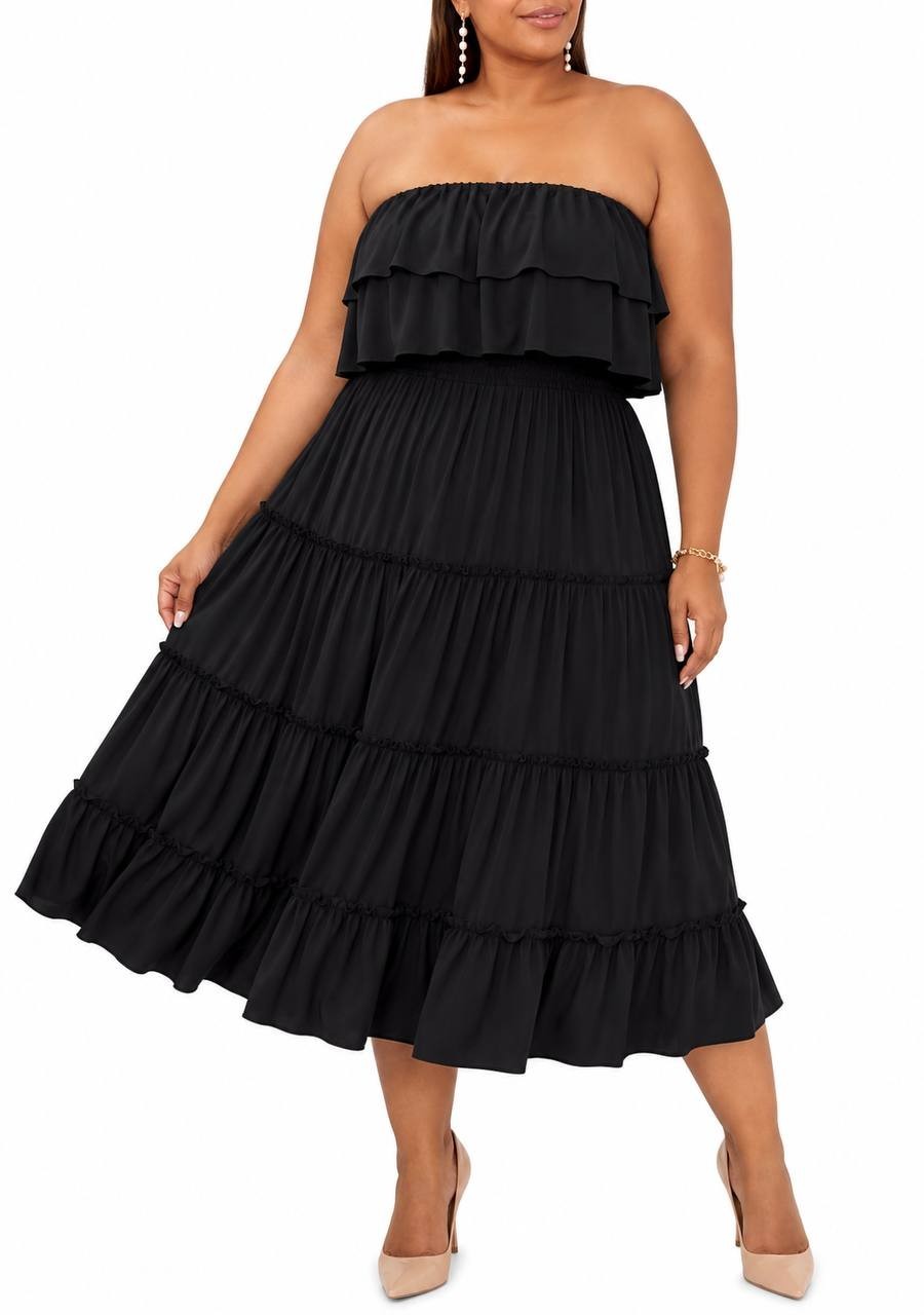1.STATE Strapless Ruffle Tiered Maxi Dress Black XXL NWT $89
